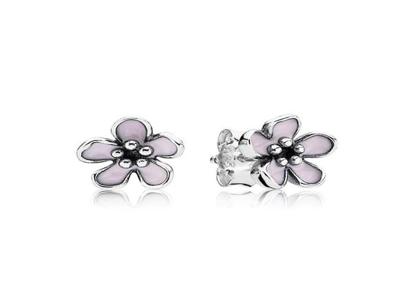 

cute women's 925 sterling silver pink enamel cherry blossoms stud earring original box for silver jewelry christmas gift8552900, Golden;silver