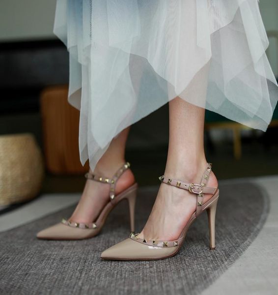 

new luxury women039s studded high heels stiletto w straps metal studs ladies039 sandal pointed toe skinny heel designer se9098359, Black