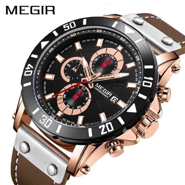 

megir chronograph sport mens watches brand luxury leather quartz watch men clock wristwatches relogio masculino reloj hombre263c, Slivery;brown