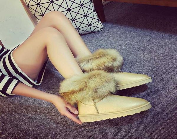 

2021 women boots suede real fox fur brand winter shoes warm black round toe ankle plus size female snow boots h09064613097
