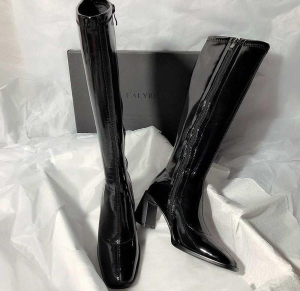 

boots 2022 new fashion black knee high women boots leather designer shoe slim women shoes rock square toe zip closure high boots j4592450