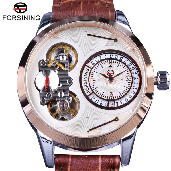 

forsining fashion second dial tourbillion rose golden case brown genuine leather men watches brand luxury automatic watch205f, Slivery;brown