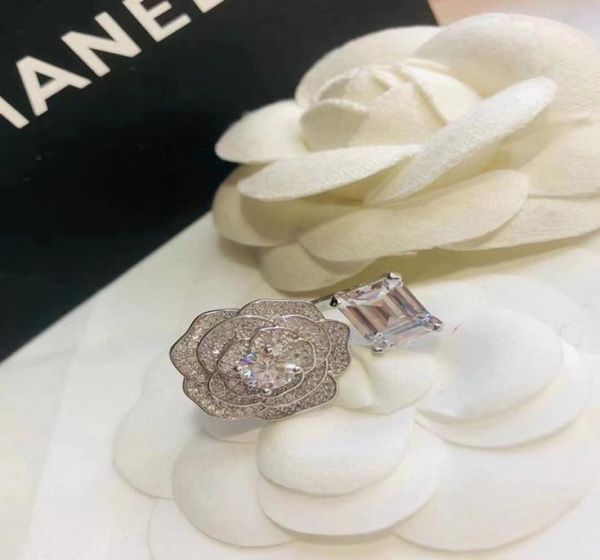 

luxury c brand rose flower designer band rings womens girls sweet lovely shining diamond crystal cz zircon silver ring open size p7796453