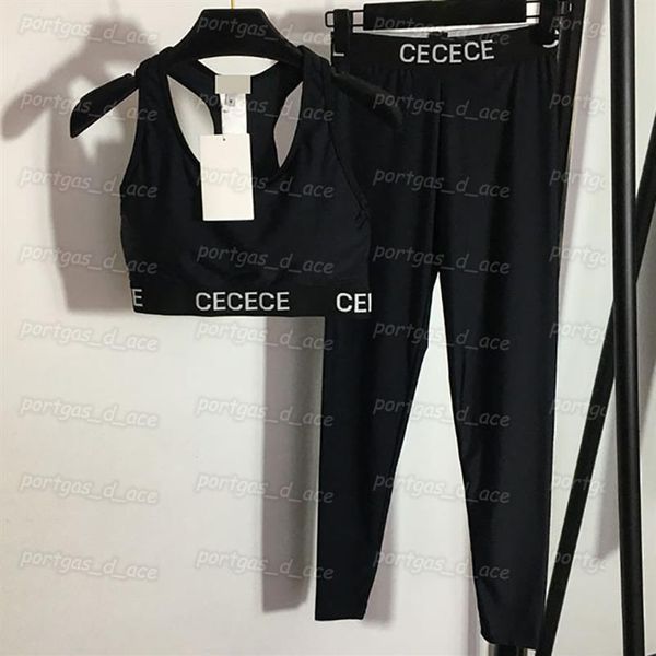 

letters women tracksuit black sleeveless yoga tanks dry quickly gym sportswear set302v