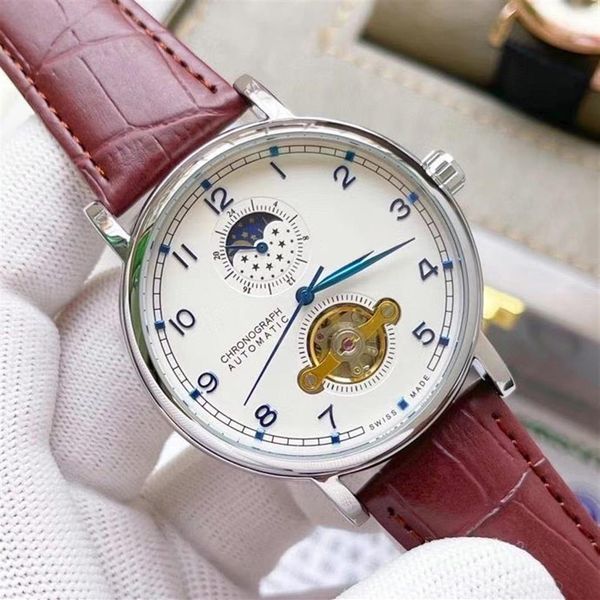 

fashion mens sport watch automatic mechanical men watches brand diamond wristwatches flywheel moon phase 42mm genuine leather 255w, Slivery;brown