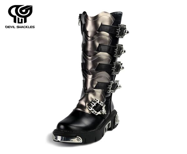 

punk rock men039s boots leather black silver metal buckles zippers knee shoes men halloween party shoes 2011274367191