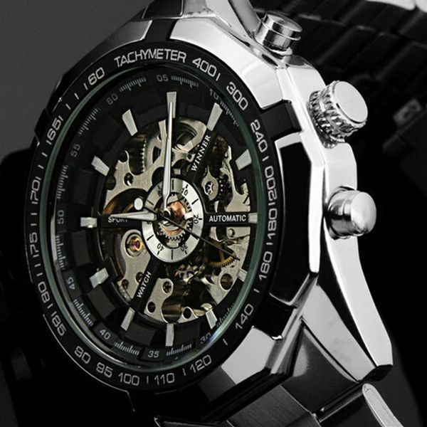 

2022 winner brand luxury sport men automatic skeleton mechanical military watch men full steel stainless band reloj249f, Slivery;brown