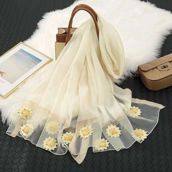 

high end mulberry silk and wool blended scarf womens organza fashionable flowers warm shawl for air conditioning, Blue;gray