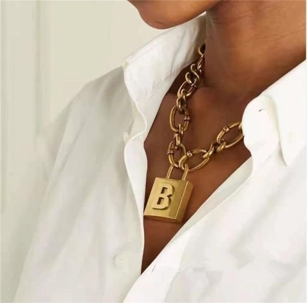 

pendant necklaces vintage chunky metal thick chain geometric letter b lock fashion women punk jewelry accessories 2208313033066, Silver