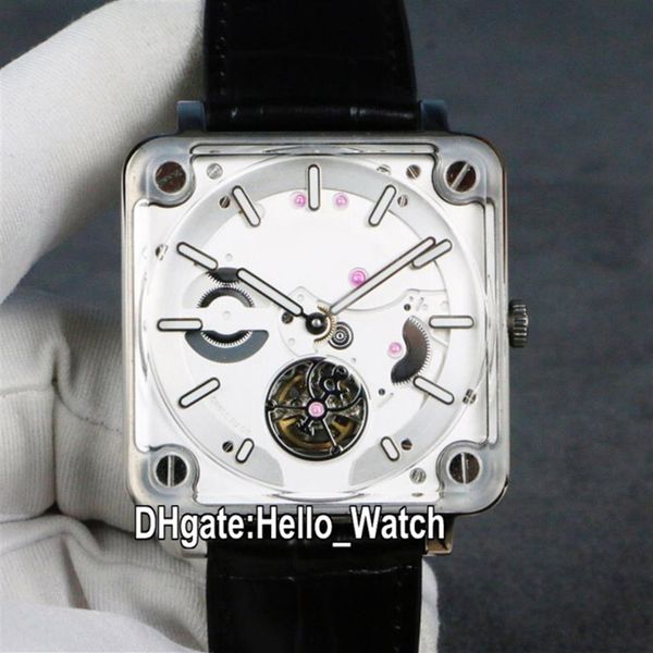 

new 42 5mm experimental brx2-mrtb-st silver dial automatic tourbillon mens watch steel case square leather strap watches hello wat220s, Slivery;brown