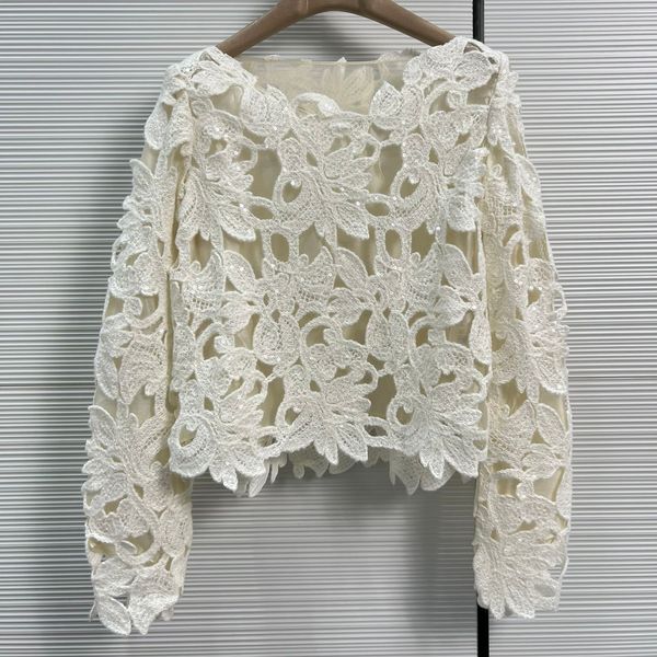 

european fashion brand white long sleeved hollowed out crochet knit top, Black
