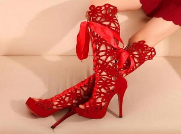 

summer new style flock kneehigh boots cut outs nightclub thin high heels sandals women classic peep toe pumps lady shoes hee4998826, Black