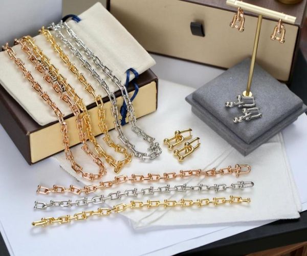 

luxury brand party jewelry set houseshoe hardware jewelry set geometric necklace bracelet earrings famous brand jewelry9860984, Silver