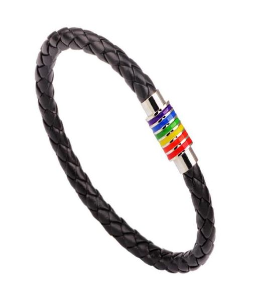 

black braided leather bracelet women men stainless steel gay pride rainbow magnetic charms bracelet2908856, Golden;silver