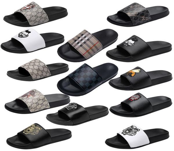 

men slides shoes slippers summer sandals beach slide flat designer classic grid pattern print avatar flip flops sneake6101942, Black