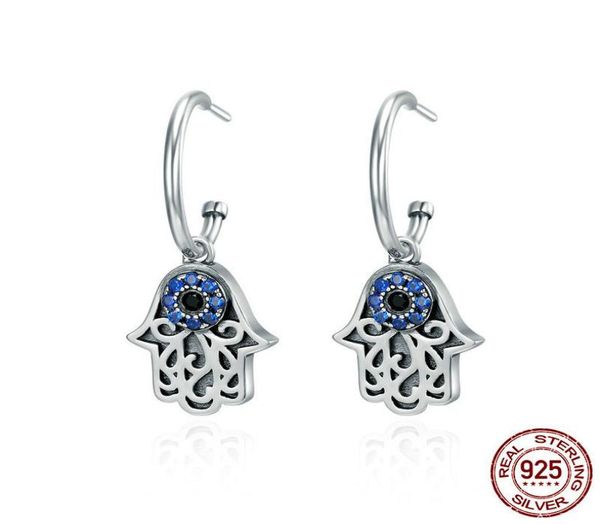 

100 925 sterling silver earring lucky hamsa hand round hoop diamond cz earrings for women fashion sterling silver jewelry sce2442357795, Golden;silver