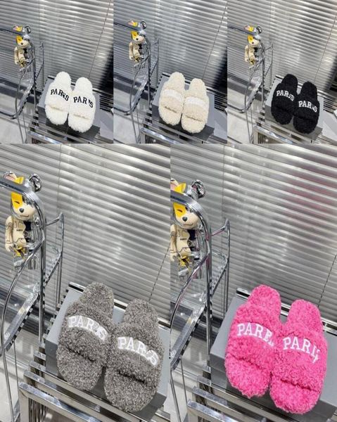 

paris furry slippers womens outdoor autumn winter sandal luxury lamb wool home slipper designer shoes fashion flat bottom plush sa2676235, Black