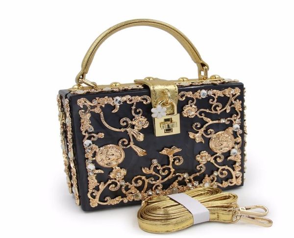 

designer box shape tote women handbag acrylic relief black evening clutch bag ladies prom party purse shoulder bag1206812
