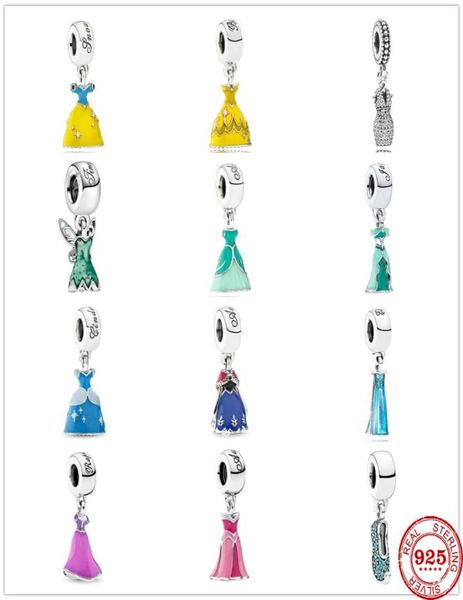 

925 silver fit charm 925 bracelet princess dress crystal shoes charms set pendant diy fine beads jewelry8349182, Bronze;silver