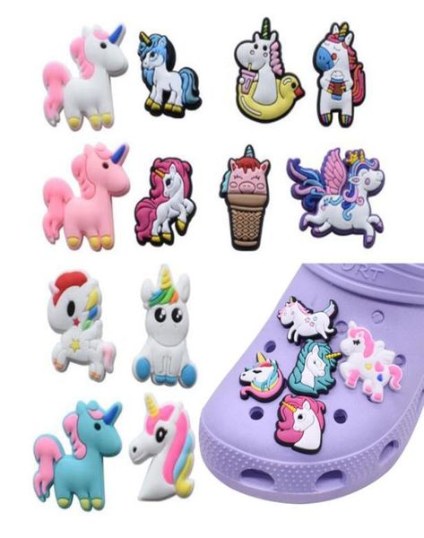 

17 style cute cartoon shoe charms pvc soft rubber wristband decoration pink unicorn garden shoecharms buckle part4099438, White;pink