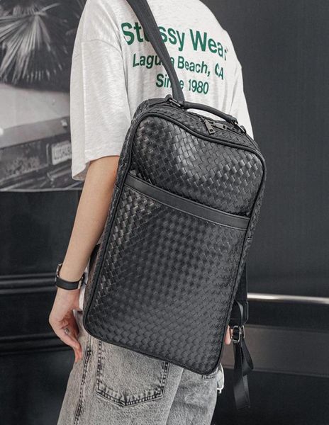 

backpack fashion woven design men teens student lapschoolbag outdoor knitting leather pu travel backbag handbag trendy7489962