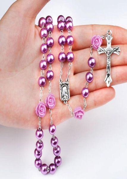 

charm necklaces purple imitation pearl rose catholic rosary necklace virgin religious necklace christmas gift2334459, Silver