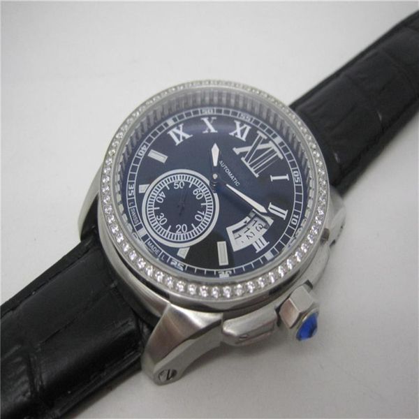 

fashion watch for man mechanical automatic wristwatch stainless steel case leather strap diamonds bezel 100241u, Slivery;brown