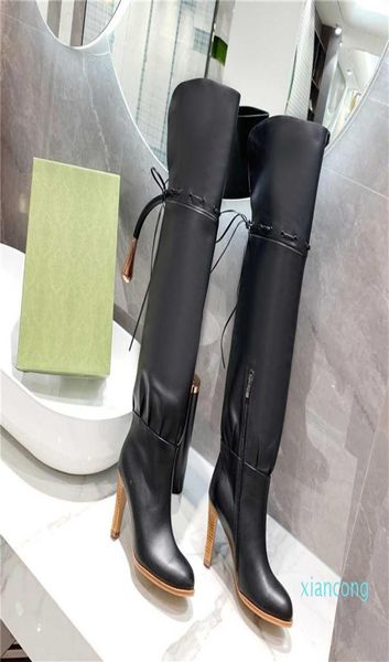 

designer leather red beige canvas over the knee boot039s womens boots zipper laces casual shoes fashion high heel women luxury9295353, Black