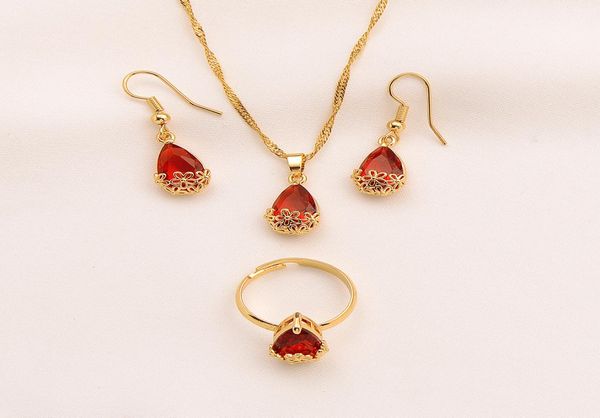 

water drop red crystal jewellery set pendant necklace earrings ring 24k fine solid gold gf cz big rectangle gem with channel2742140, Silver