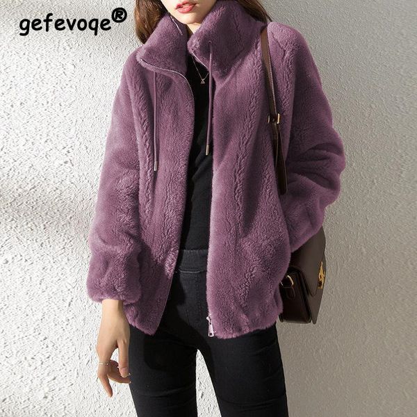 

womens fur faux winter plush thick warm coat casual loose stand collar overcoat female zip up cardigan jacket 230904, Black
