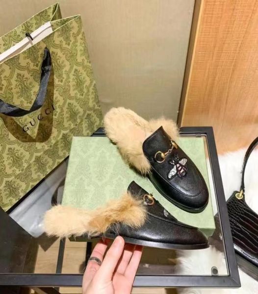 

women princetown loafers fur slippers sandals half slipper pattern slides autumn winter warm wool classic metal buckle embroidery 4593921, Black