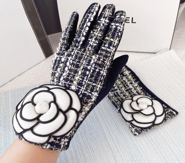 

five fingers gloves brand designer winter warm plus velvet thicken touch screen cashmere mittens grid big flower for womeninvierno6160382, Blue;gray