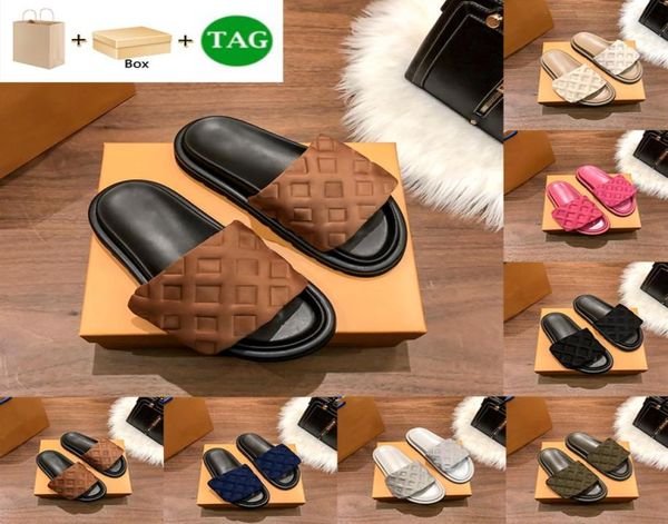 

with box luxury slipper pool pillow comfort embossed mules designer sandal men women shoes copper deep blue triple black pink summ1040623