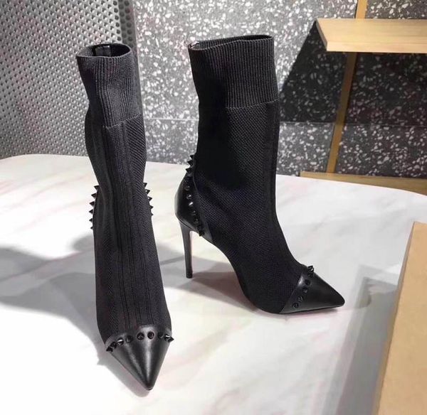 

lady boots rivet socks boot high heel ankle ankle boots scarpins studded fashion brand designer women short booties with original3824215, Black