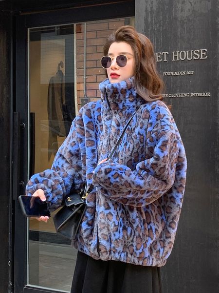 

womens fur faux winter korean version loose warm lamb hair plus size short coat female leopard fur plush 230904, Black