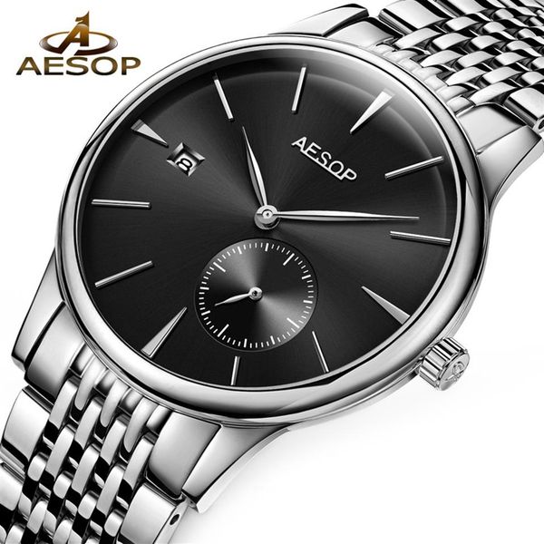 

aesop watch men automatic mechanical watch sapphire crystal thin wrist wristwatch minimalist male clock men relogio masculino326e, Slivery;brown