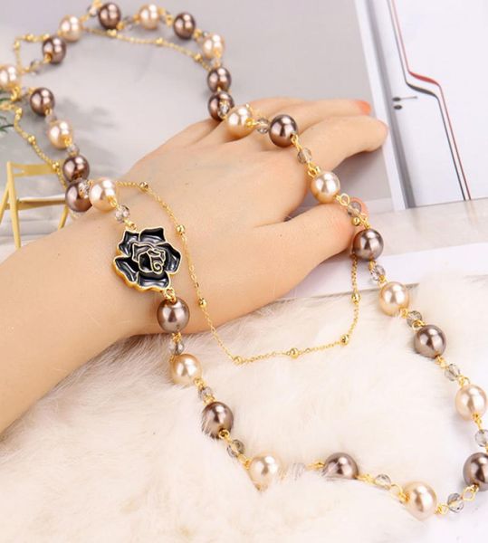 

fashion brand design long simulated pearl necklace for women camellia double layer pendant long necklace party jewelry1493064, Silver