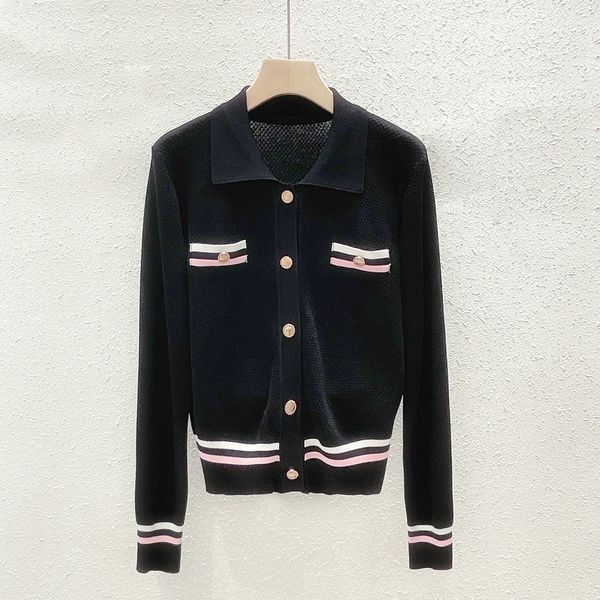 

821 2023 autumn women sweater long sleeve lapel neck cardigan white black brand same style striped womens yuecheng