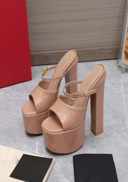 

patent leather platform high heeled slippers pumps highheeled instep strap chunky heels block heel 155mm round toe dress shoe wom7129207, Black