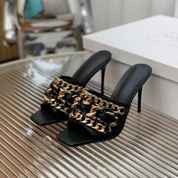 

metal chain high-heeled slippers open toes slip-on slides calfskin leather outsole heeled mules for women luxury designer sandals factory fo, Black