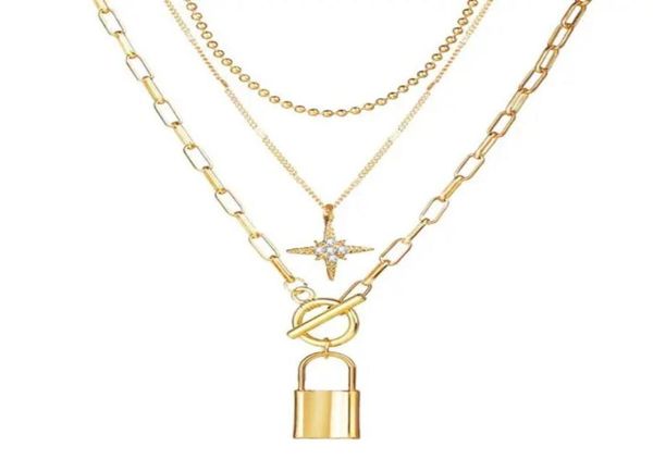 

european and american necklace women new alloy clavicle chain creative personality multilayer eightpointed star lock pendant mul7110809, Silver
