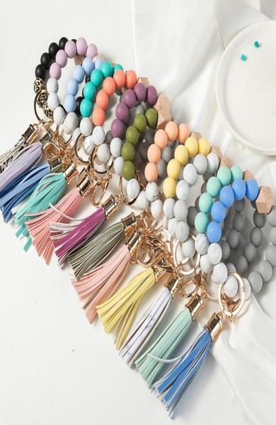 

14 colors wooden tassel bead string bracelet keychain food grade silicone beads bracelets women girl key ring wrist strap db9613817288, Silver