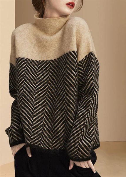 

fashion khaki turtle neck patchwork knit pullover winter, Black