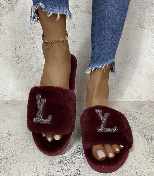

luxurys rhinestone diamond logo fur slippers women paseo paris designer furry flat mule slides fashion ladies fluffy platform sand1229827, Black