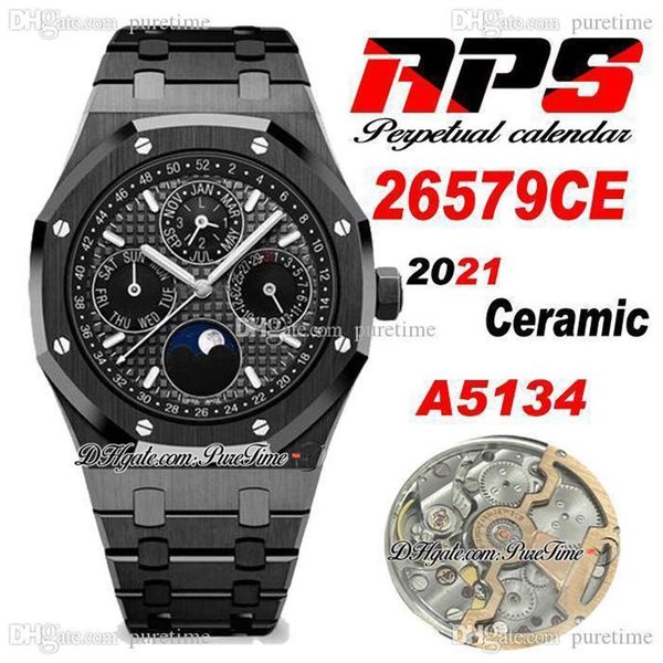 

apsf 41mm perpetual calendar 26579ce a5134 automatic mens watch superlumed blue textured dial moon phase black ceramic case and br354f, Slivery;brown