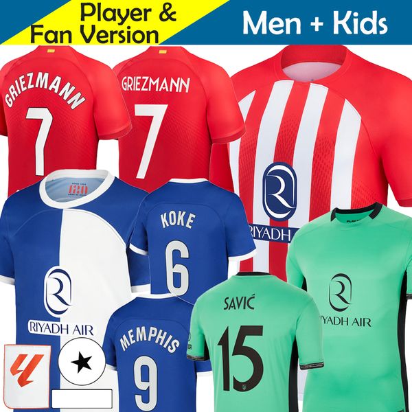 

23/24 atletico madrids camisetas soccer jerseys de kids kit futbol 2023 2024 football shirt home away training player version 7 griezmann me, Black;yellow