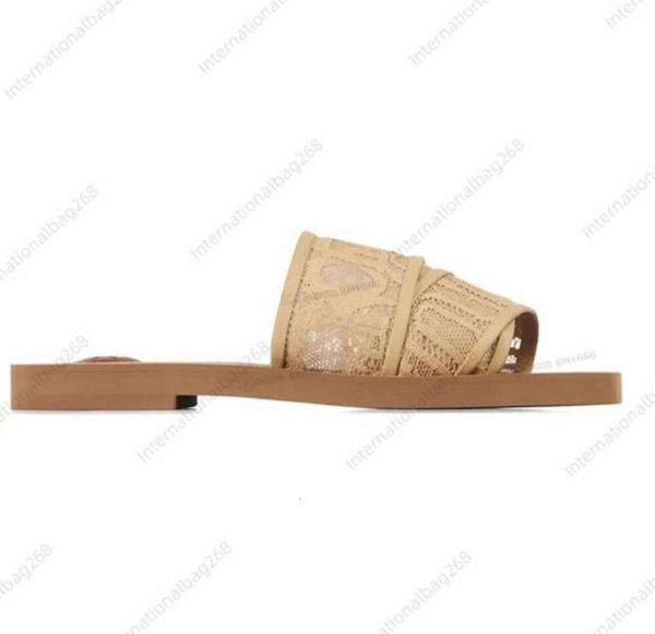

designer woody slippers sandals slides sliders women mules flat slide tan beige white black pink lace lettering fabric canvas woman slipper6
