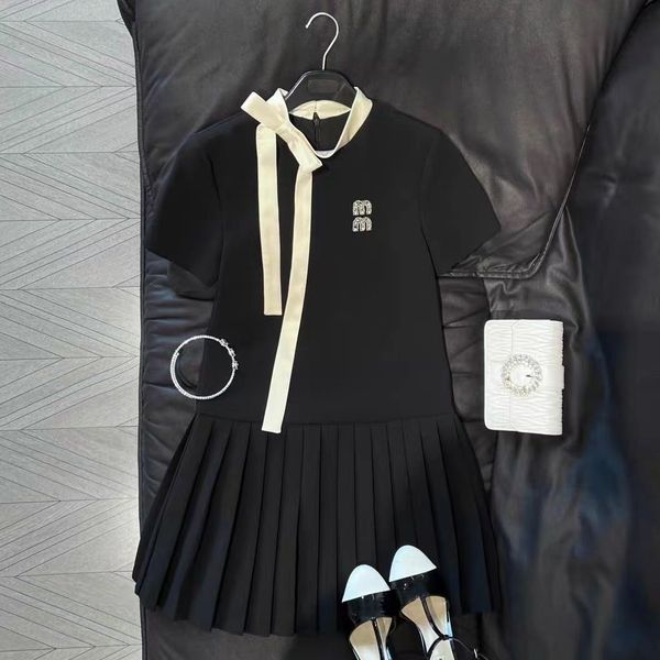 

designer classic ladies letter high neckline tie bow pleat dress style british casual loose fashion dress, Black;gray