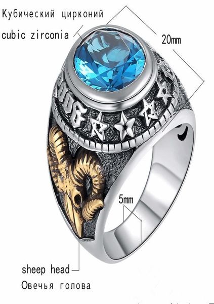 

blue zircon men ring vintage stone punk rock gold sheep head thai handmade women rings sterling silver jewelry retro masonic ring8297057