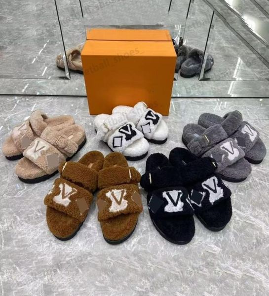 

designer paseo comfort fur women slippers fluffy furry flat sandals ladies wool slides slipper warm letters sandals comfortable fu8722585, Black